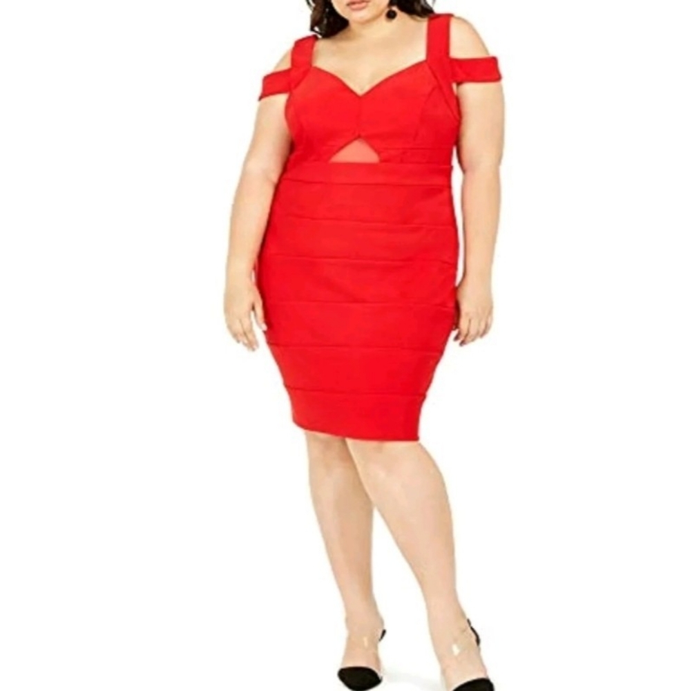 Emerald Sundae Plus bandage cold shoulder Bodycon Dress Red size 2X